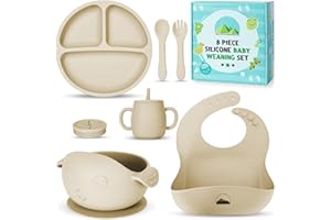 The Little Chiltern Co Baby Weaning Set - 8 Pcs Silicone Baby Feeding Set with Adjustable Bib, Suction Bowl & Plate, Cup, Fork & Spoon - Microwave & Dishwasher Safe - Self Eating Utensil Set (Beige)