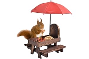 TOATELU Eichhörnchen Futterhaus mit Regenschirm: Wetterfest Holz Eichhörnchen Picknicktisch mit Maiskolbenhalter, Eichhörnchen-Futterstation für Eichhörnchen Chipmunk Wildlife