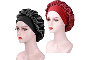ALILEADER 2PCS Silk Bonnet for Sleeping - Soft Satin, Colorful Silk Hair Bonnets with Elastic Band for Curly Hair (Black+Wine)