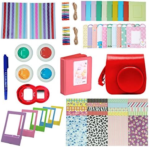 Bestter 10-in-1 Fujifilm Instax Mini 9/8+/8/8s Camera Accessories Kit - Case/Strap/Book Album/Selfie Lenses/Colored Filters/Table Film Frames/Wall Hang Frames/Border Stickers/Corner Stickers/Pen (Red)