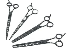 FLAMIA & JABZ Professional Dog Grooming Scissors Set of Straight, Curved, Thinner/Blender and Chunker Shears with Paw Prints for Dogs, Cats & Pets (Right Handed, Black, Stainless Steel 8 Inch)