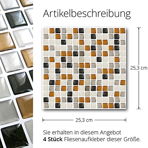 4er Set 25,3 x 25,3 cm Grandora selbstklebende 3D Mosaik Fliesenaufkleber verschiedene Farben und Größen W5193 Fliesendekor Küche Bad dunkelgrau kupfer silber Mosaik Design 5 - 5