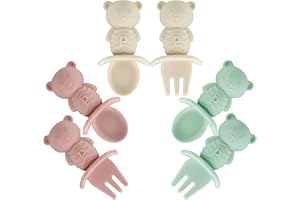 PandaEar 6 Pack Baby Led Weaning Spoons Forks 6+ Months | Silicone Baby Spoons and Fork Self Feeding Utensils, Toddler Infant Anti-Choke Feeding Utensils, Bear Shape (Pink Green Linen)
