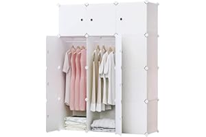 BRIAN & DANY Kleiderschrank aus 12 Würfeln, Modulare Schrank Garderobenschrank Steckregalsystem Kunststoffschrank mit Türen & 2 Aufhängern, Zusätzliche Aufkleber Enthalten