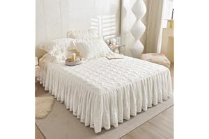 Zhiyuan Flower Pattern Quilted Brocade Cotton Bedspread with Lace Ruffled Bed Skirt, 150 x 200 cm + Frill 40cm approx, Beige