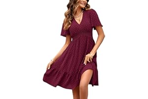 JENJON Donna Vestiti Scollo a V Elegante Manica Corta/Lunga Vita Alta Puntini Ruffles Mini Abiti