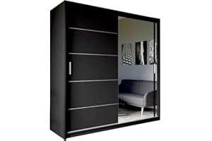 GENERIC FURNITUREWAVE Lazio Modern Wardrobe with Sliding Doors Mirror Wardrobe, 2 Door cabinet Adjustable Shelves & Hanging Rails, Space Saving Wardrobe for Bedroom Furniture (Black, 203cm)