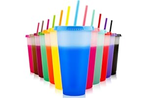 EASEVE 12 Pack 24oz Colour Changing Cups Tumblers with Lids & Straws - Reusable Plastic Cups Iced Coffee Cup Cold Water Party Tumbler for Kids Children Adults Travel Mugs for Drinks