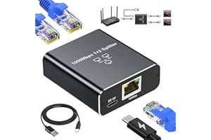 Avigers Ethernet Splitter 1 to 2, Network Switch Gigabit Ethernet Switch, 1000Mbps RJ45 LAN Internet Splitter with USB C Power Cable for Computer, Hub, Switch, Router, ADSL, Digital TV, etc