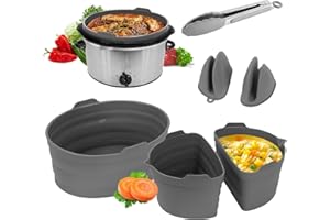 Domigard 6 Stück Silikon Schongarer Liners, Silikon Crockpot Liner wiederverwendbar, Crockpot Divider Insert, Crock Pot Dividers Silicone mit Clips und Handschuhen (grau)