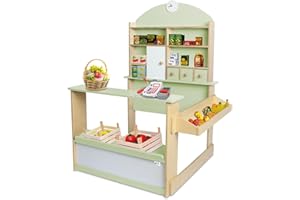 Coemo Kaufladen Kinder Kaufmannsladen Lilly Holz Verkaufsstand mit 3 Schubladen Schrank Uhr Theke Seitentheke (Mintgrün)