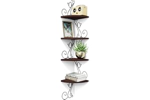 Alsonerbay Corner Shelf Wall Mount of 4 Tier Corner Shelves Rustic Wood Floating Shelf Cat Shape Metal Corner Stand for Bedroom Living Room Bathroom Kitchen Office and More Dark Walnut