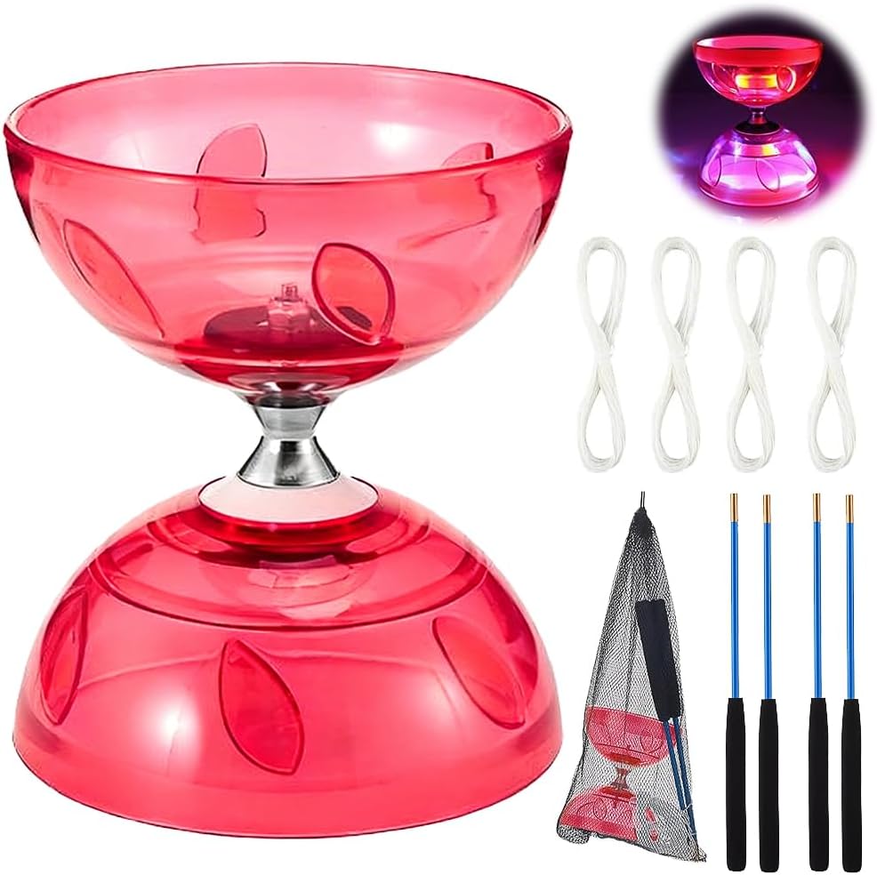 SKIKHN Diábolo LED con rodamiento de bolas, 3 rodamientos con palos y cuerda, juego de malabares para principiantes, con 2 pares de palos de mano + 4 cuerdas de repuesto, para interiores y exteriores