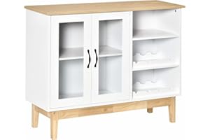 HOMCOM Credenza Moderna con Armadietto, 3 Ripiani Laterali in Legno Massiccio con Cantinetta Portabottiglie, Salvaspazio, 103x34x80cm Bianco