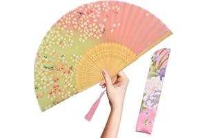 OMyTea Folding Hand Fan for Women - Foldable Chinese Japanese Vintage Bamboo Silk Fan - for Hot Flash, Church, EDM, Music Festival, Party, Dance, Performance, Decoration, Gift (Pink Sakura)
