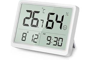DOOMAY Termometro Digitale Igrometro per Interni: Piccolo e preciso misuratore di temperatura e umidità con grandi cifre LCD e ora data, igrometro ambientale calibrabile per la casa Garage (Bianco)