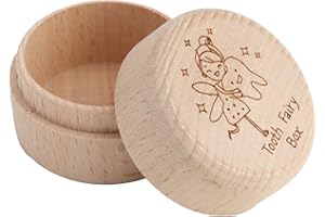 RIPEFUN Tooth Fairy Box, Wooden Round Tooth Case Keepsake Organizer, Mini Cute Collect Lost Tooth Souvenir Storage Box, Kids Gift, Tooth Fairy Cases for Birthday Baby Shower to Keep the Childhood Memory