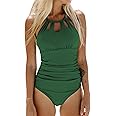 CUPSHE Women's One Piece Swimsuit High Neck Beach Swimwear Ruched Tummy Control Bathing Suit Swimming Costume
