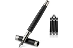 TIESOME Pluma estilográfica con plumín fino, incluye 6 cartuchos de tinta de 2,6 mm, convertidor y estuche metálico negro mate (punta fina de 0,5 mm)