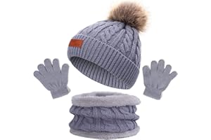 NLAND 3 in 1 Set de Bufanda Gorro Guantes Niña Niño Conjunto de Cálido Gorro de Punto Invierno con Pompon, Braga Cuello con Forro Polar y Guantes Termicos para Niña Niño 2-6 Años