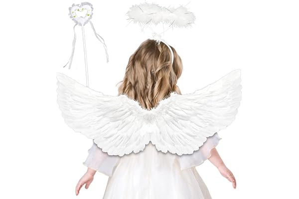 LYNBLY Ailes d'ange, 65 cm Costume d'ailes d'ange, Ailes d'ange Enfant, Ailes Ange Femme avec Auréole et Baguette Magique, pour Décoration de fête costumée, carnaval, cosplay, fête