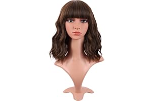MapofBeauty 14 Pulgada/35 cm Corto Wavy Bob Pelucas Con Flequillo Shoulder Largo Rizo Pelucas Flat Bang Cabello Sintética Fiesta Peluca (Marrón)