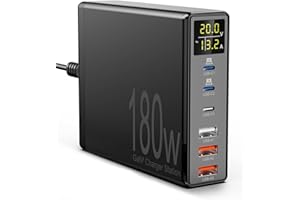 BINAMAO Ładowarka USB C,180W 6-portowa ładowarka USB C, wieloportowy zasilacz z USB-C i USB-A, szybka ładowarka PD 3.1 USB C,adapter zasilania do iPhone 15 14 Pro Max 13 12 11,iPad, Samsung,telefony komórkowe