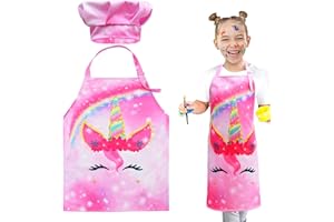 NAMIS 1 Juego Delantales de Niño 5-10 Años Unicornio Juego de Delantales Ajustable Niños Delantal y Gorro de Cocinero para Niños y Niñas Hornear, Pintar, Jardinería