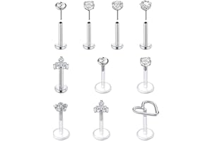 VFUN 16G Tragus Earrings Mixed Styles Bioflex Stainless Steel Lip Rings Labret Monroe Piercing Clear Helix Piercing Threadless Lip Stud Rings 10PCS 6-10MM