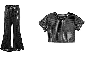 BKAZWE Danse Hip Hop T-Shirt et Pantalon Ensemble 2 pièces Métallique Enfant Fille Paillette Haut Manches Courtes Top Brillant Tenue Danse Modern Jazz Dancewear Costume Disco Carnaval 1-16 Ans