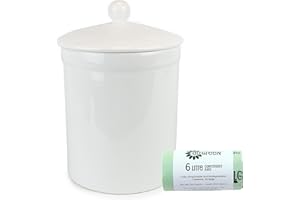 THE CADDY COMPANY White Ceramic Compost Caddy & 50x 6L Compostable Bags - Portland Kitchen Ceramic Compost Bin for Food Waste Recycling