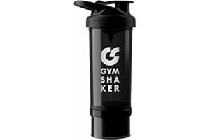 GYMSHAKER Protein Shaker mit Pulverfach 600 + 150 ml - mit Wabenstruktur-Sieb für cremige Shakes - auslaufsicher & BPA frei - Schwarz