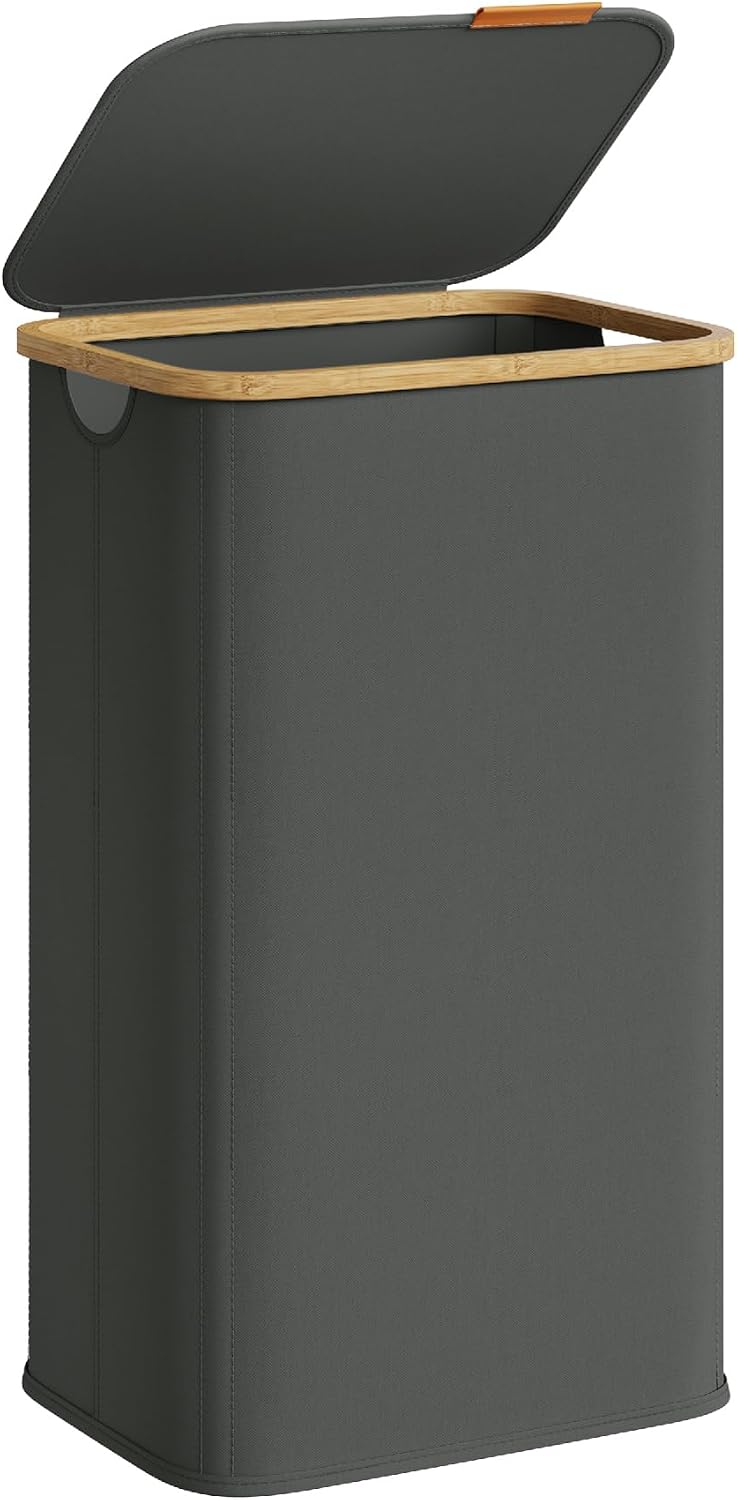 SONGMICS Cesto de Ropa con Tapa, Recogedor de Colada, Tejido de Oxford, Plegable, Marco de Bambú, Lavadero, Dormitorio y Salón, 100 L, 42 x 32 x 70,5 cm, Gris Pizarra LCB518GN01