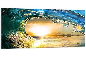 ARTTOR Deco Cadre Salon Océan Vague Soleil climat Moderne Impression sur Verre 120x50cm Image Tableau en Verre Decoration Murale Chambre Panoramique Art Grand Tableaux Decoratifs Muraux GAB120x50-2779