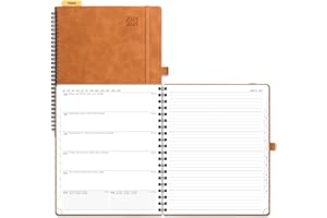 POPRUN Agenda 2025 Semainier D'août 2024 à déc 2025 Scolaire - Couverture Souple à Spirale, Onglets Mensuels, Papier 80 g/m², Boucle de Stylo Autocollante - Format 26,5 x 21,5 cm, Marron