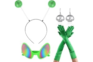 SHDIEHJFMLDH 4 Piezas Conjunto de disfraz de alien con purpurina diadema plateada,Gafas alienígenas de Sol,guantes alien ovni pendientes para mujer, disfraz de adultos, accesorios de disfraz alienígena cosplay
