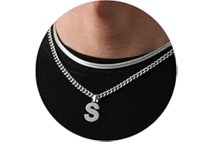 Esmoly Men's Stainless Steel Pendant Necklace with Letters A-Z, Silver Gold Black Letters, Double Chain Necklace for Men 18 + 20 Inches / 46 + 51 cm, Birthday Gifts for Men