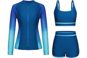 ANNSEMO 3-Piece Rash Guard Swimsuits for Women UV UPF 50+ Long Sleeve Wetsuit Swimming Costume Zip Boyshort Bikini Set Modest Swimwear Sun Protection Swim Shirt Bikini Tops Surfing Bathing Suit