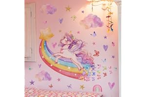 COVPAW Tatuaż ścienny tęczowy jednorożec, naklejka na ścianę, kwiaty, chmury, motyle, dziewczynki, dekoracja ścienna do pokoju dziewczynki, pokoju dziecięcego (jednorożec na tęczy)