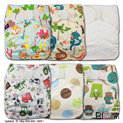LittleBloom, Reusable Pocket Cloth Nappy, Fastener: Hook-Loop, Set of 6, Patterns 616, With 6 Microfibre and 6 Bamboo Inserts