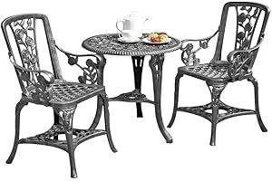 Garden Life Antique Effect Rose Design 2 Seater Bistro Patio Set Table UV-Stabilised PVC (Pewter)