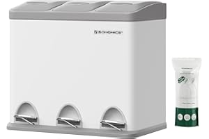 ‎SONGMICS SONGMICS kosz na śmieci kuchenne, 3 x 8 l, kosz na śmieci, potrójny stalowy kosz na śmieci, dla małych rodzin, pedały i wiaderka, łatwy do czyszczenia, biały i szary LTB24WT