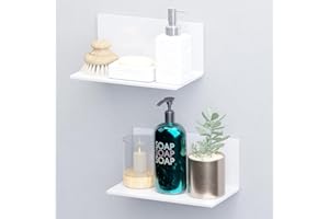 Toski Mensola da parete bianca senza foratura, autoadesiva, grande per pareti di 20 cm di larghezza, senza foratura, set da 2 scaffali in acrilico, per bagno, soggiorno, camera da letto, cucina
