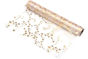 100%Mosel Organza bieżnik na stół z gwiazdkami, w kolorze złotym/metalicznym (28 cm x 5 m), przezroczysty obrus, elegancka dekoracja stołu na Boże Narodzenie i czas adwentu, świąteczna dekoracja na