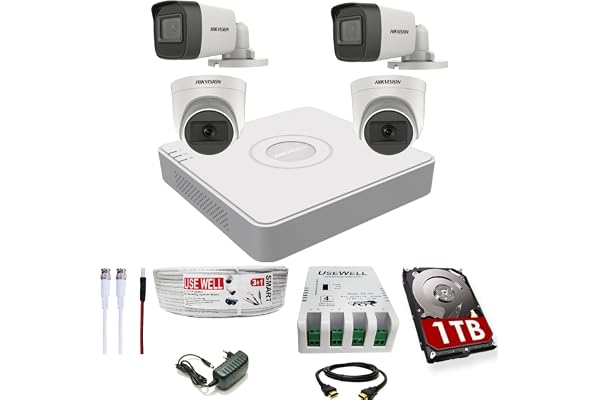 HIKVISION 4 Channel DVR 5 MP with 2 Dome & 2 Bullet Camera with Audio Recording + 1 TB HDD + (3+1) Cable Roll + 4 CH Power Supply + BNC & DC Full Combo Kit