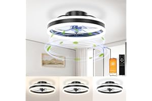 TaoQfunny Ceiling Fans with Lights and Remote Control Flush Mount Modern Indoor LED Dimmable Low Profile Ceiling Fans,3000K-6500K Smart 3 Light Color Change and 6 speeds (Black, Ø 40CM)