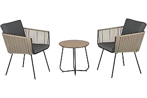 Outsunny Conjunto de Muebles de Jardín Juego de 3 Piezas Muebles de Ratán 1 Mesa Redonda y 2 Sillas Butaca con Cojines Acolchados para Balcón Terraza Acero Caqui y Gris