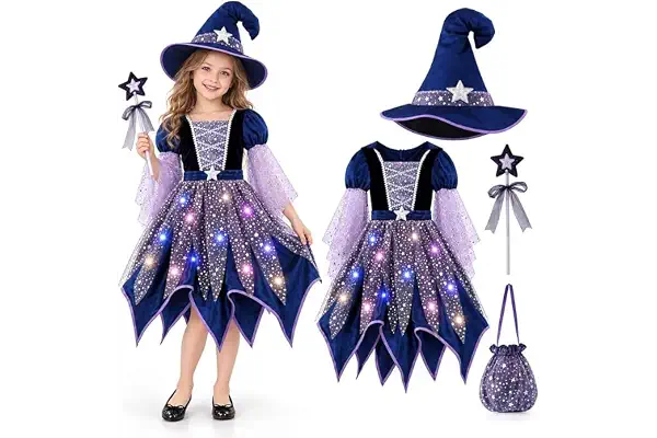 Disfraz Halloween Niña Bruja, Vestido de Lentejuelas, Disfraz de Bruja Niña | con Vestidos, Sombrero y luces de colores, Varita Y Bolsa, Cosplay Traje Halloween para Niñas 4-14 Años Carnaval Actuaciones