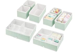 mDesign Scatole per armadi in fibra sintetica – Organizer multiuso in diverse dimensioni – Ceste portaoggetti in tessuto con scomparti – verde chiaro/bianco - 3 dimensioni - Set da 8 - 2 pack