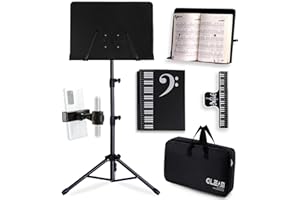 GLEAM Sheet Music Stand - Full Metal with Carrying Bag, Phone Holder, Sheet Music Folder and Clip, 5 in 1 Desktop Book Stand